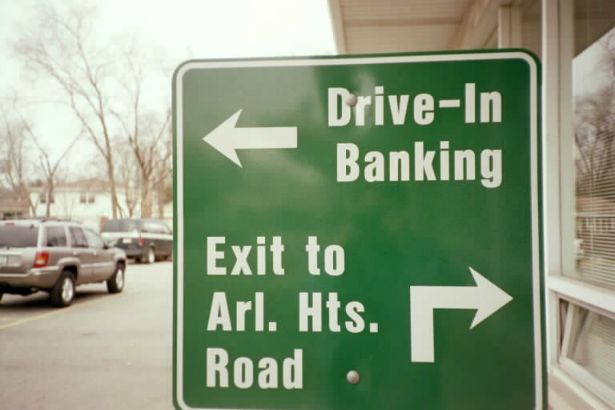 Village Bank Arlington Heights.  Aluminum directional sign to show customers the way.