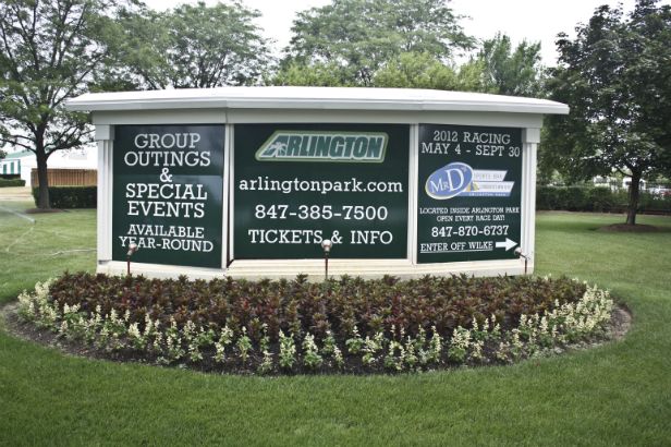 Arlington Race Track.  Aluminum Panels with full color digital logos in a wooden frame, this unique shape is ideal for a street corner. 