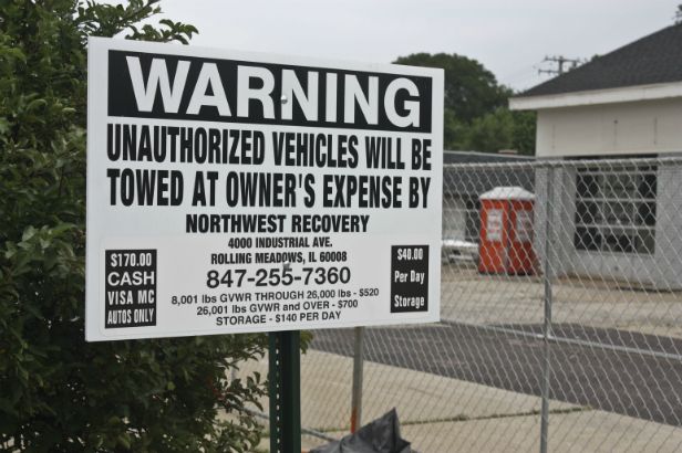 Arlington Heights.  Warning sign for a construction site. 