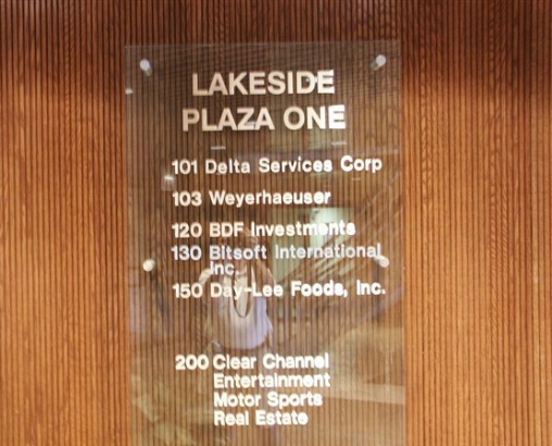 Lakeside Plaza One.  Tenant names on glass plaque.  