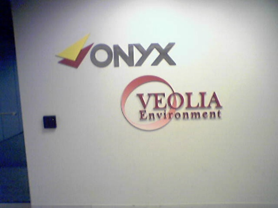 Onyx and Veolia.  Dimensional full color digital print receptionist area signs.